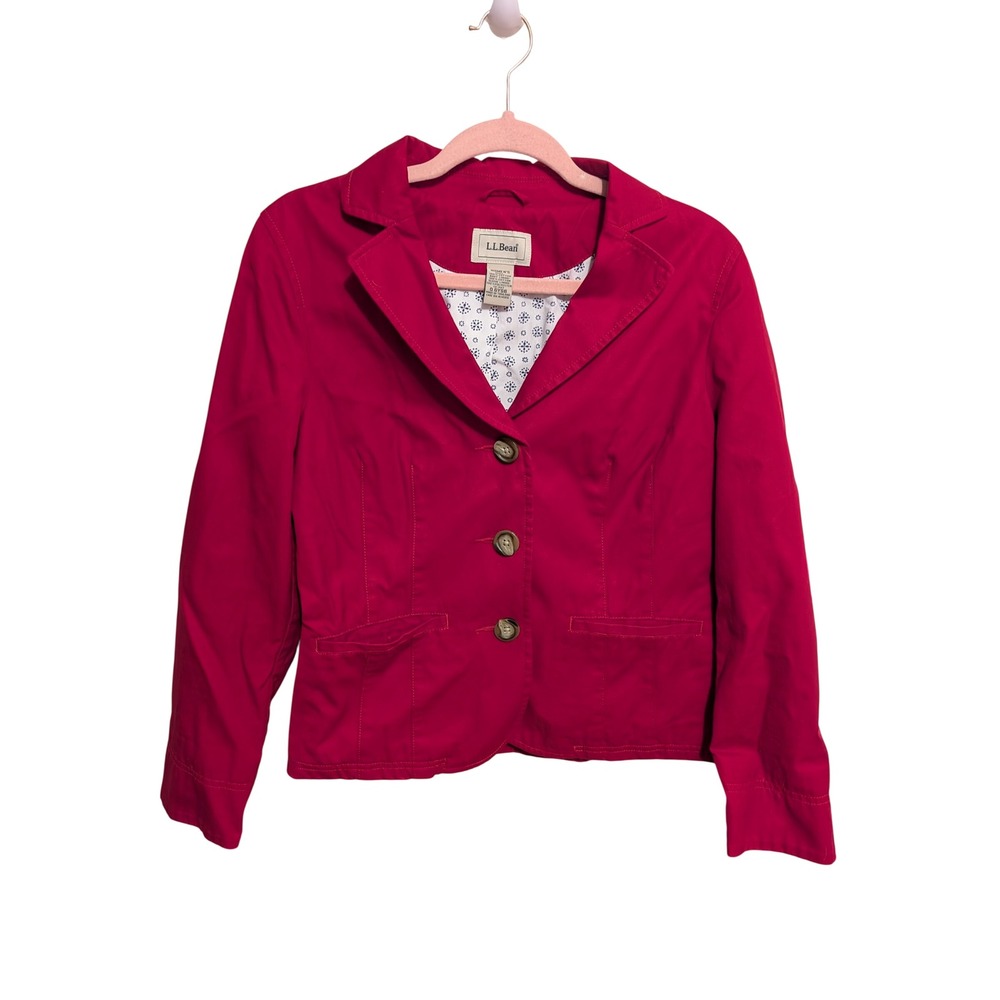L.L. Bean Womens Red Cotton 3-Button Blazer Jacket Size 12 Petite Preppy
